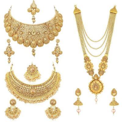 Spectacular LCT Gold Plated Wedding Jewellery Pearl Choker & Long Haram Necklace Set Combo for Women