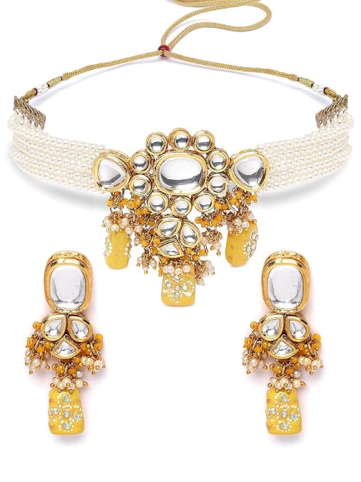 Yellow Tumble and Pearl Studded Polki Kundan Choker Necklace Set for Women