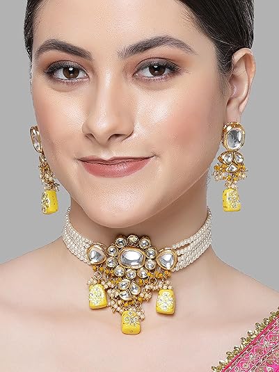 Yellow Tumble and Pearl Studded Polki Kundan Choker Necklace Set for Women - Image 3
