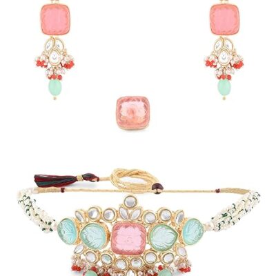Multicolor Stones & Beads Multistrand Beaded Kundan Choker Necklace Earring & Ring Set For Women
