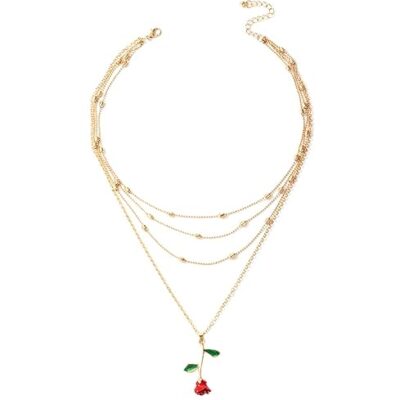 Womens Red & Green Rose Chain Layered Necklace