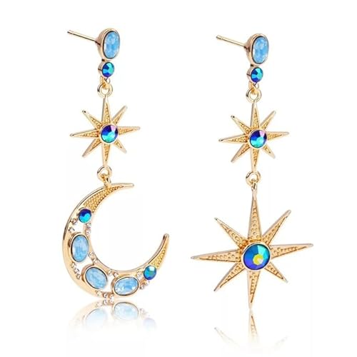 Bohemian Moon Star Asymmetric Tassel Earrings- Crystal Moon & Sun Drop Earrings Long Retro Exquisite Punk Style Jewellery for Women Girls