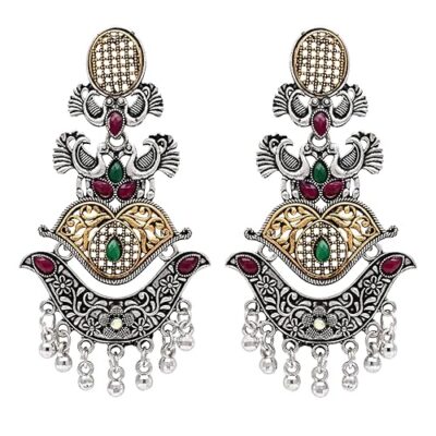 Silver Oxidised Traditional Peacock & Floral Design Ghungroo Detailing Dangle Earrings for Women
