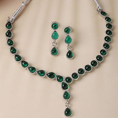 Oxidised Silver-Plated Dual Shaped American Diamond Studded Necklace with Earring Jewellery Set for Girls and Women - Image 3