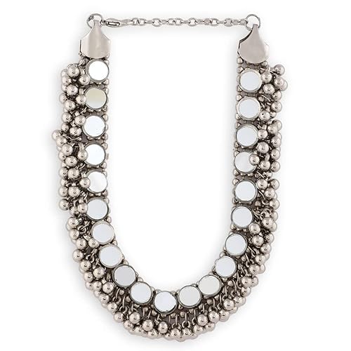 Womens India | Oxidised Silver Mirror Choker | Tasselled Floral Choker With Earrings, Green And Blue Stone